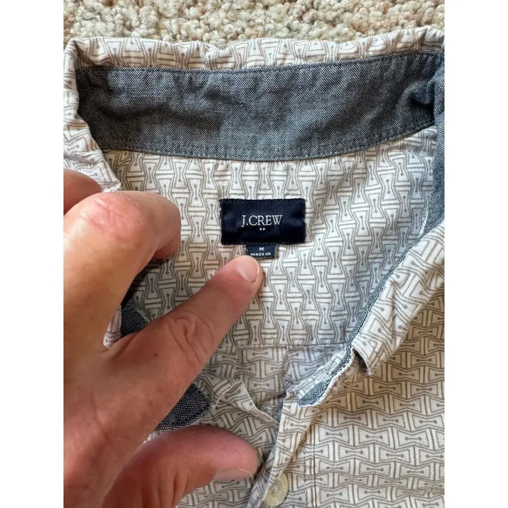 J.Crew collared button-down shirt, Tan & white design, 100% cotton, size Medium